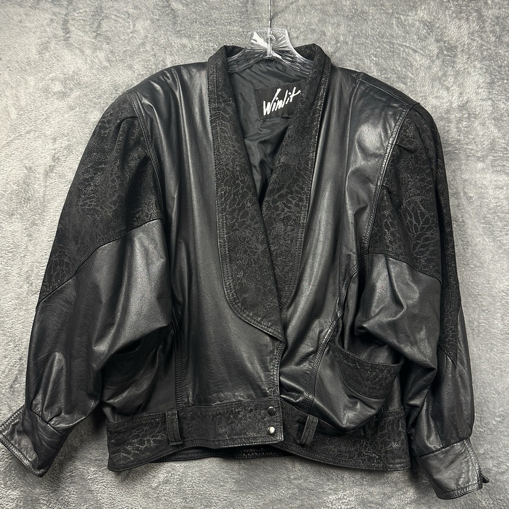 Vintage 1980s Winlit Jacket Women's Large Black Leather Suede Bomber Snap Floral